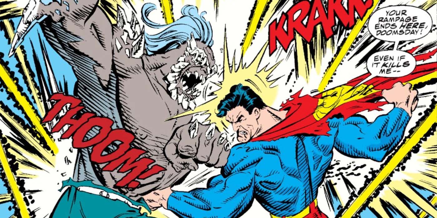 Superman and Doomsday fighting in The Death of Superman