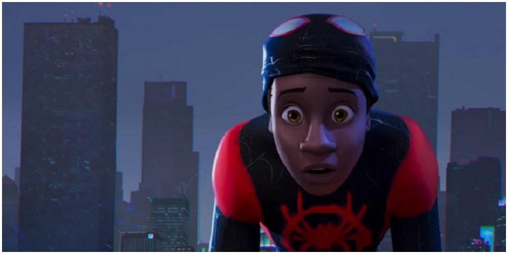Miles Morales with masked pulled up, looking shocked in Into the Spider-verse