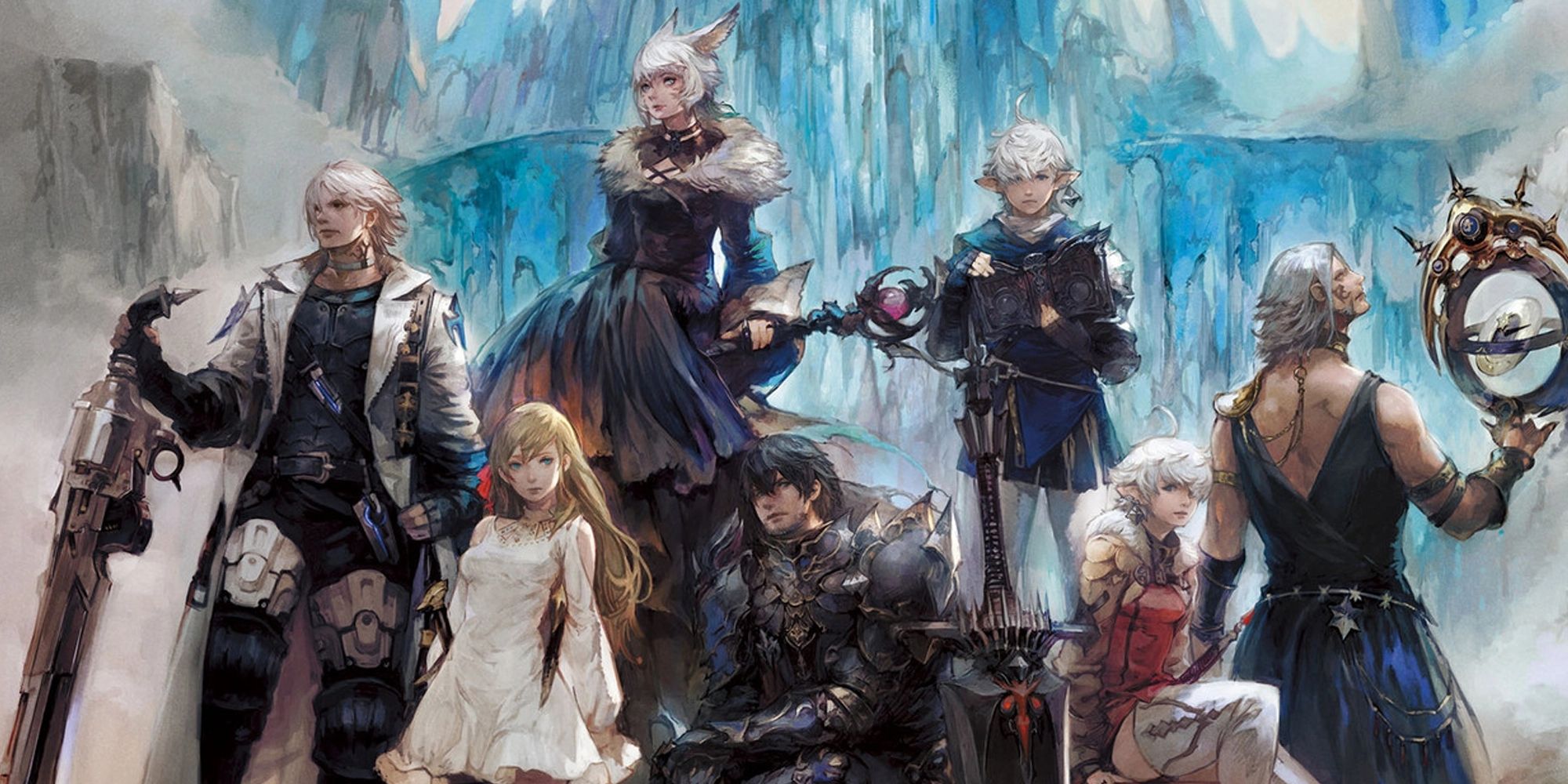 Characters posing in Final Fantasy XIV.
