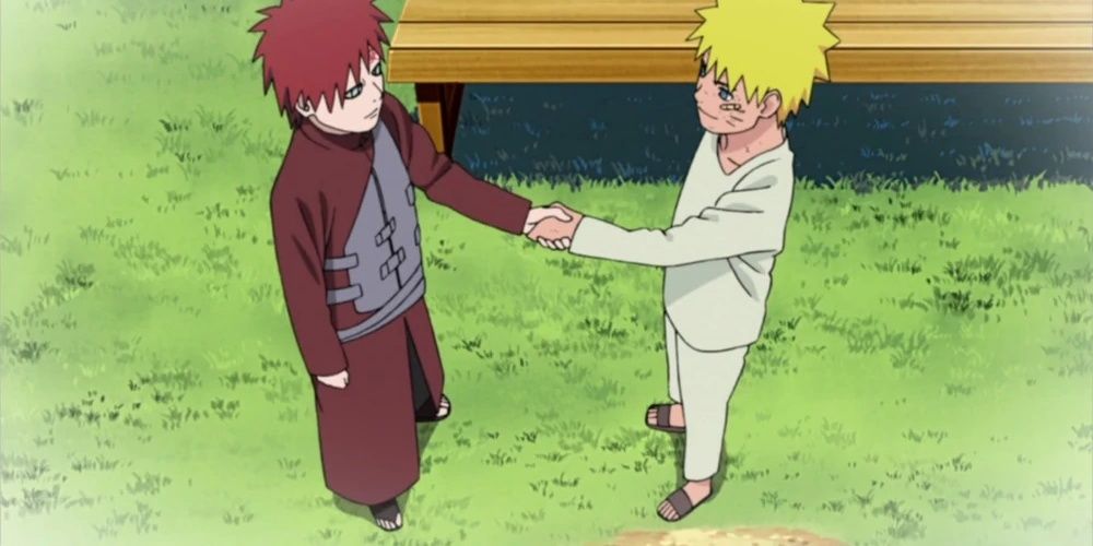 Gaara and Naruto shake hands (Naruto).