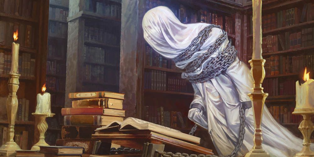 A chained, shrouded ghost reading a book in a library