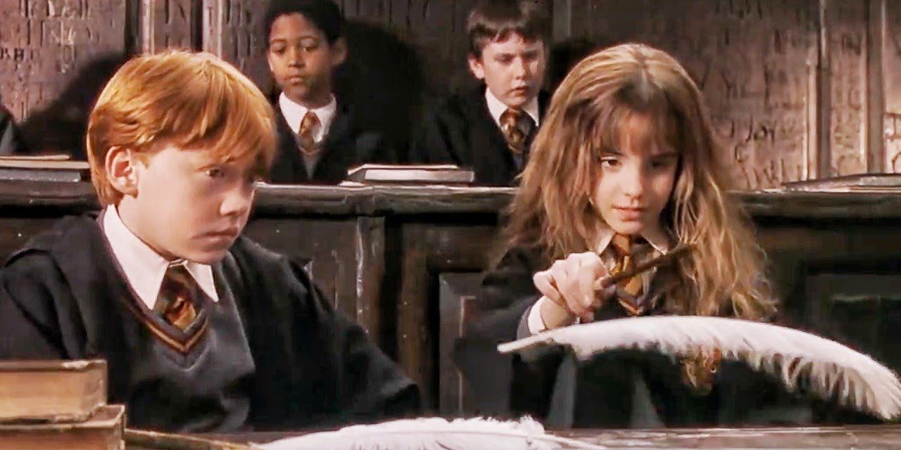 harry potter casting wingardium leviosa with Ron looking on next to her