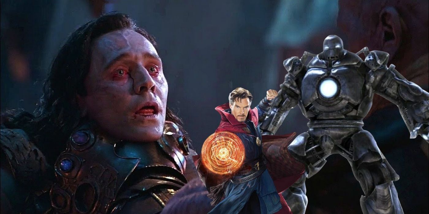 Loki is choked by Thanos, with Doctor Strange and Iron Monger
