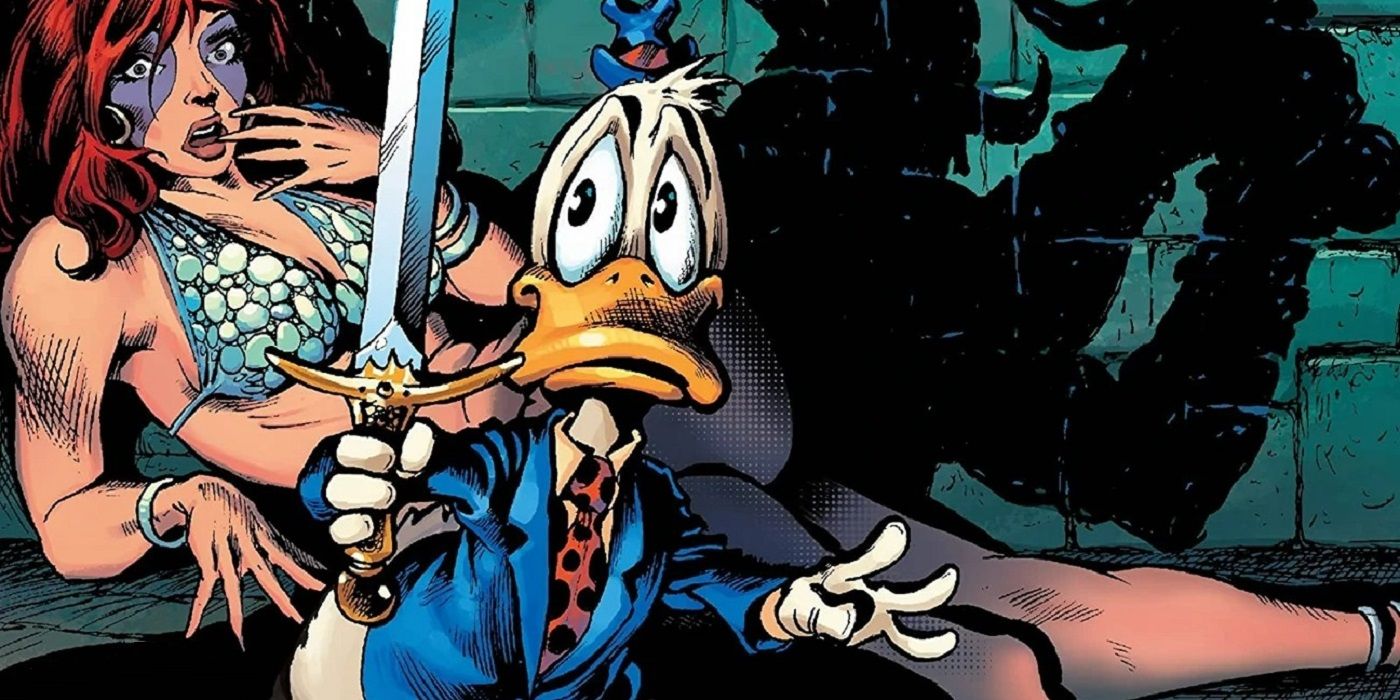 Howard the Duck with sword in hand alongside Beverly Switzler on a cover from Marvel Comics.