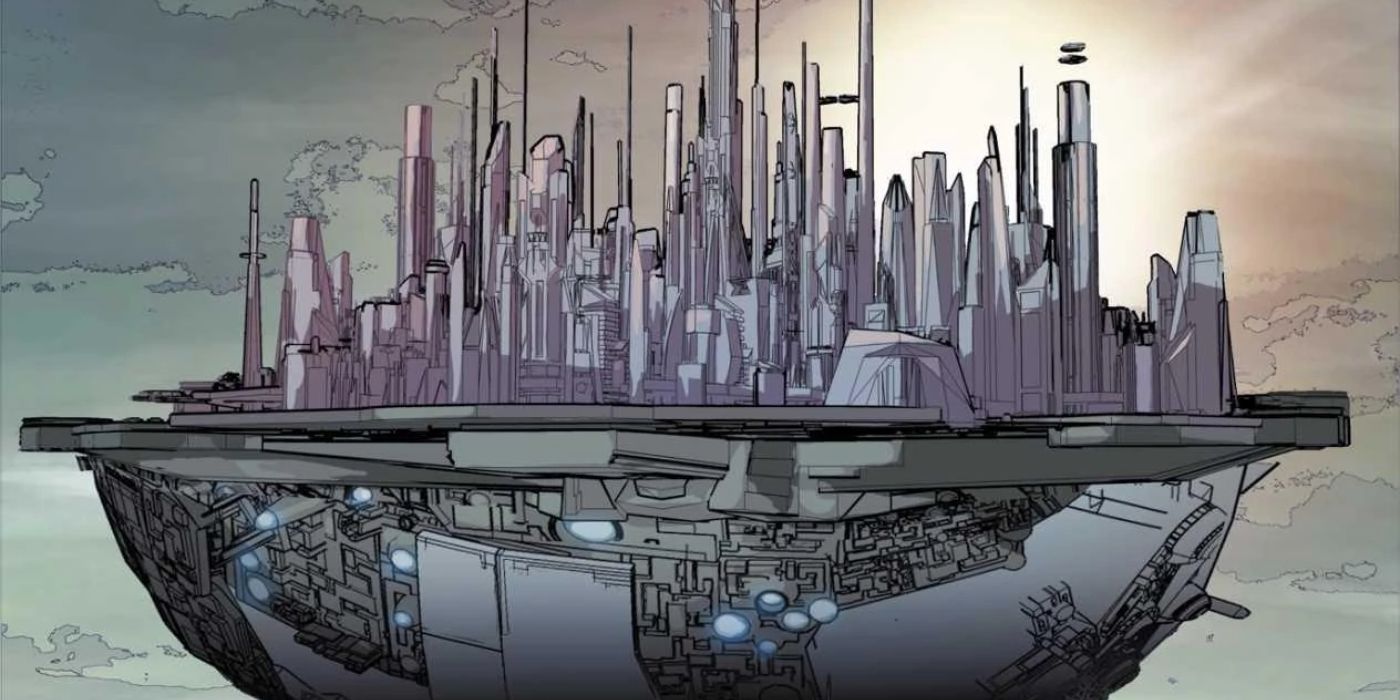 Attilan, capital of The Inhumans, floating in the air in the Marvel Comics