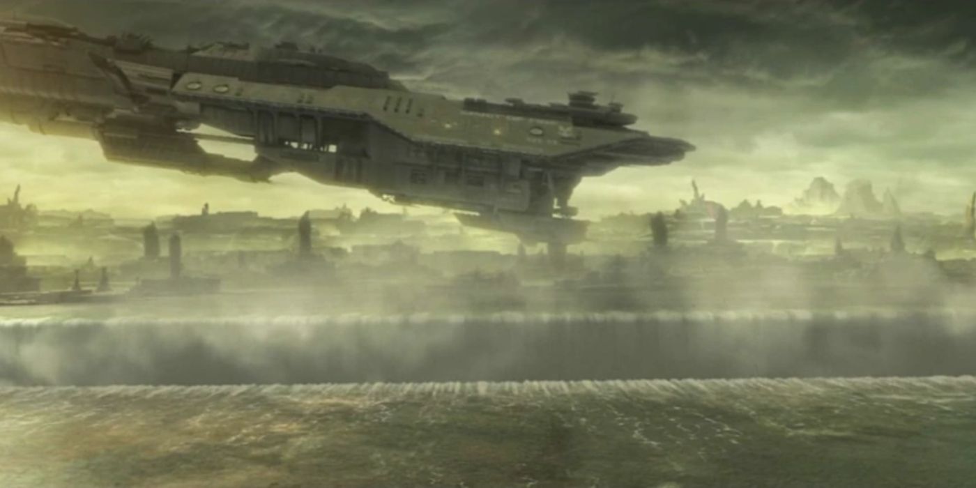 A ship entering a shield world in Halo.