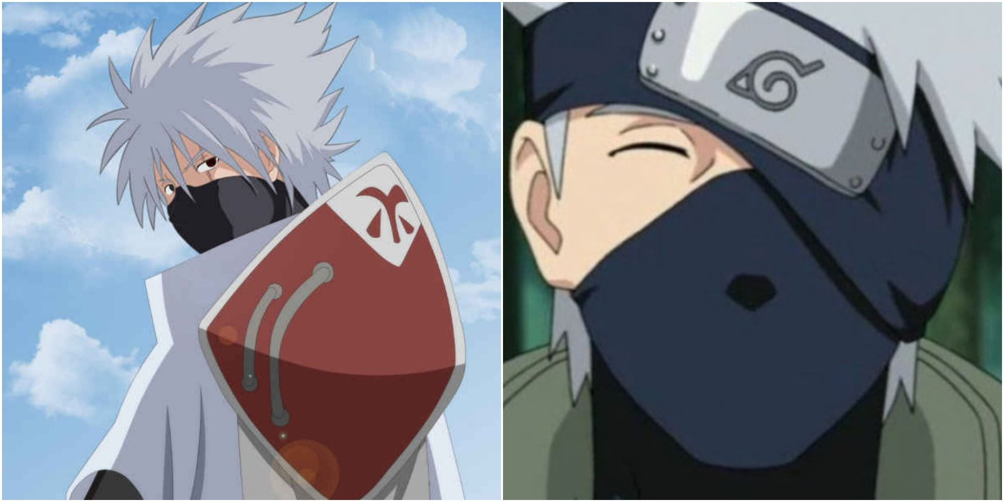 Split image of Kakashi from Naruto as Hokage and smiling beneath his mask.