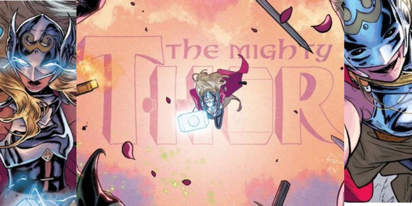 The Mighty Thor logo, flanked by 2 images of Jane Foster as Marvel's Thor