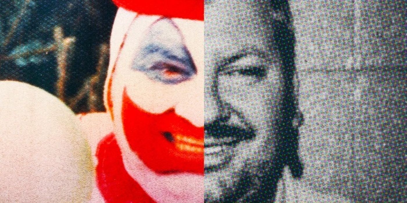 A composite image of serial killer John Wayne Gacy juxtaposed with his Pogo The Clown makeup.