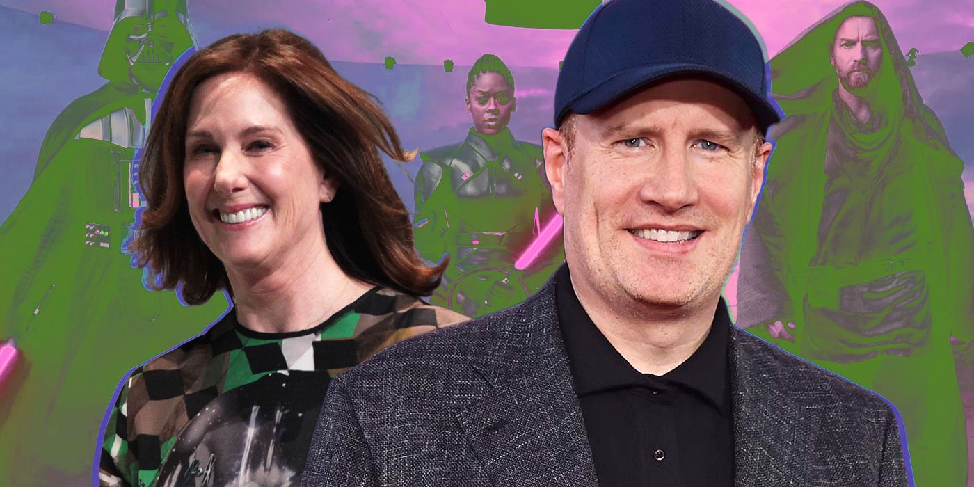 kathleen kennedy and kevin feige in front of an image for Obi-Wan Kenobi.