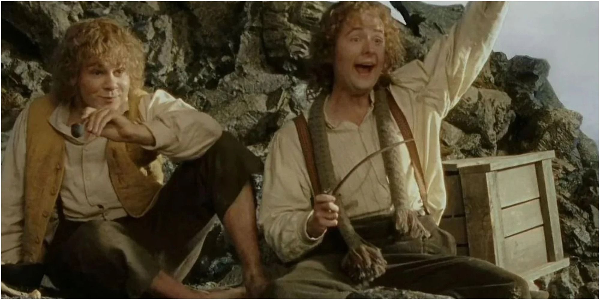 Merry and Pippin celebrating after the fall of Isengard in The Lord of the Rings.