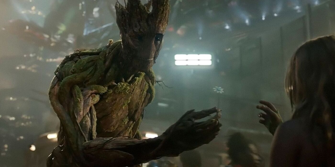 Groot grows a flower in the MCU's Guardians of the Galaxy.