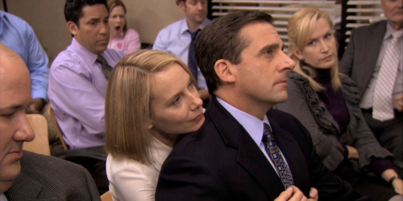 Holly hugging Michael from behind in The Office.