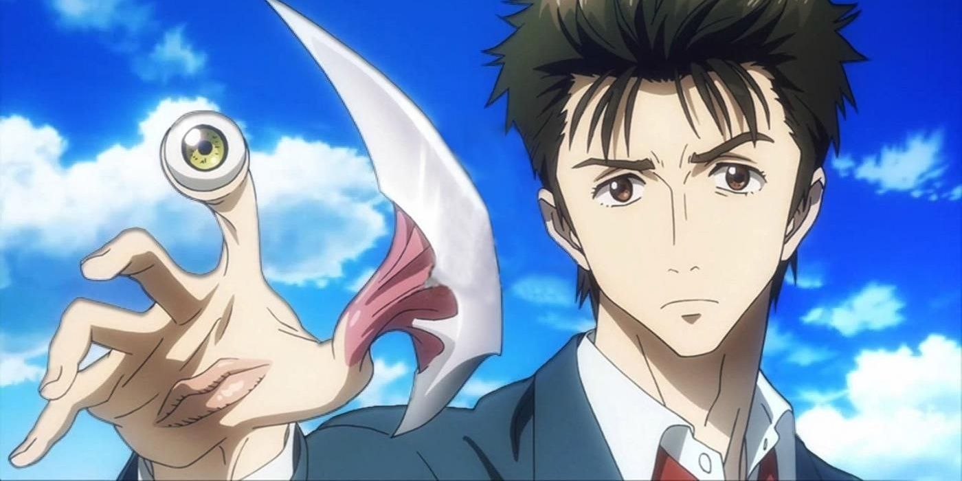 Migi and Shinichi from Parasyte with an eye, mouth, and blade on a hand.