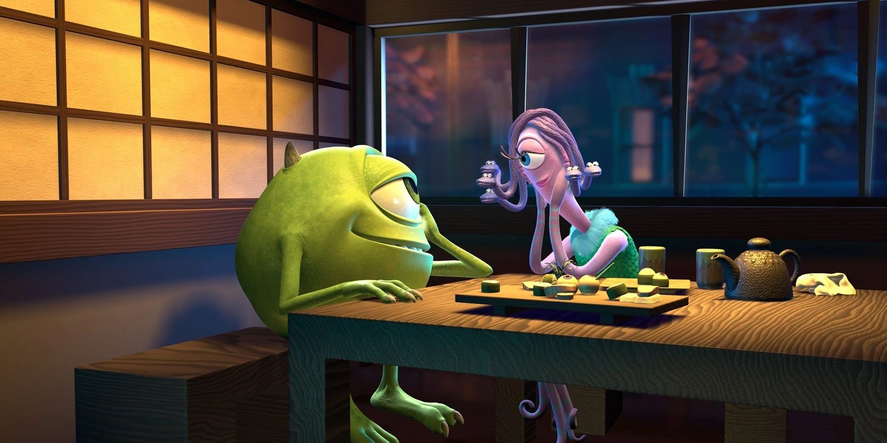Mike and Celia Mae smile at each other on a date in Monsters, Inc.