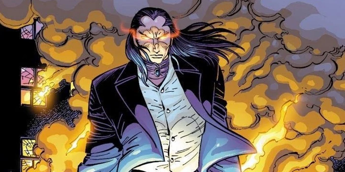 Marvel's Morlun standing in front of a burning building with his eyes glowing, as drawn by John Romita Jr.