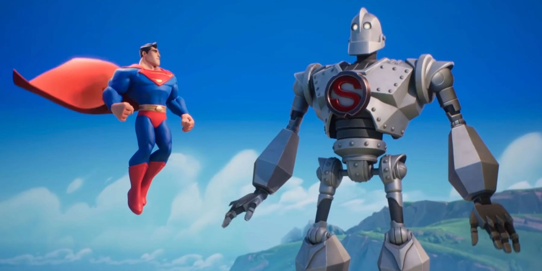 An image of Multiversus' the Iron Giant and Superman flying in the sky