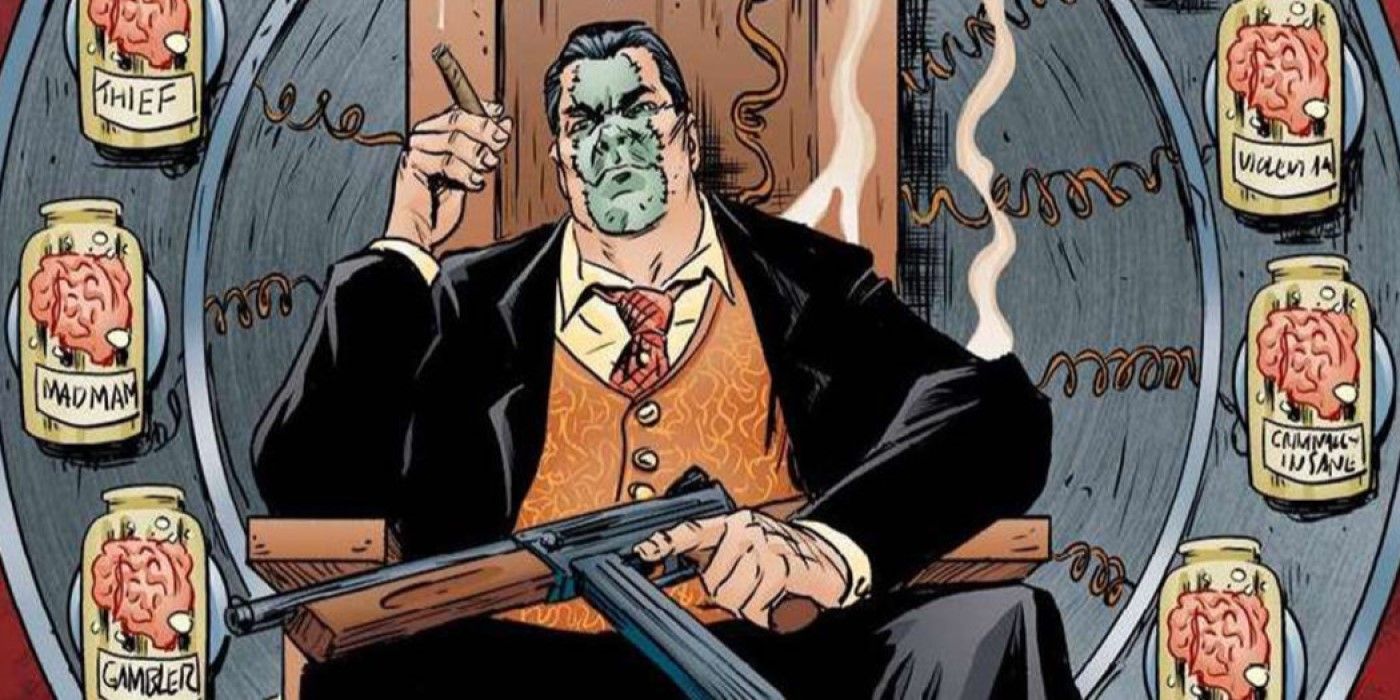 Frankenstein's Mobster reclines with a submachine gun and a cigar.