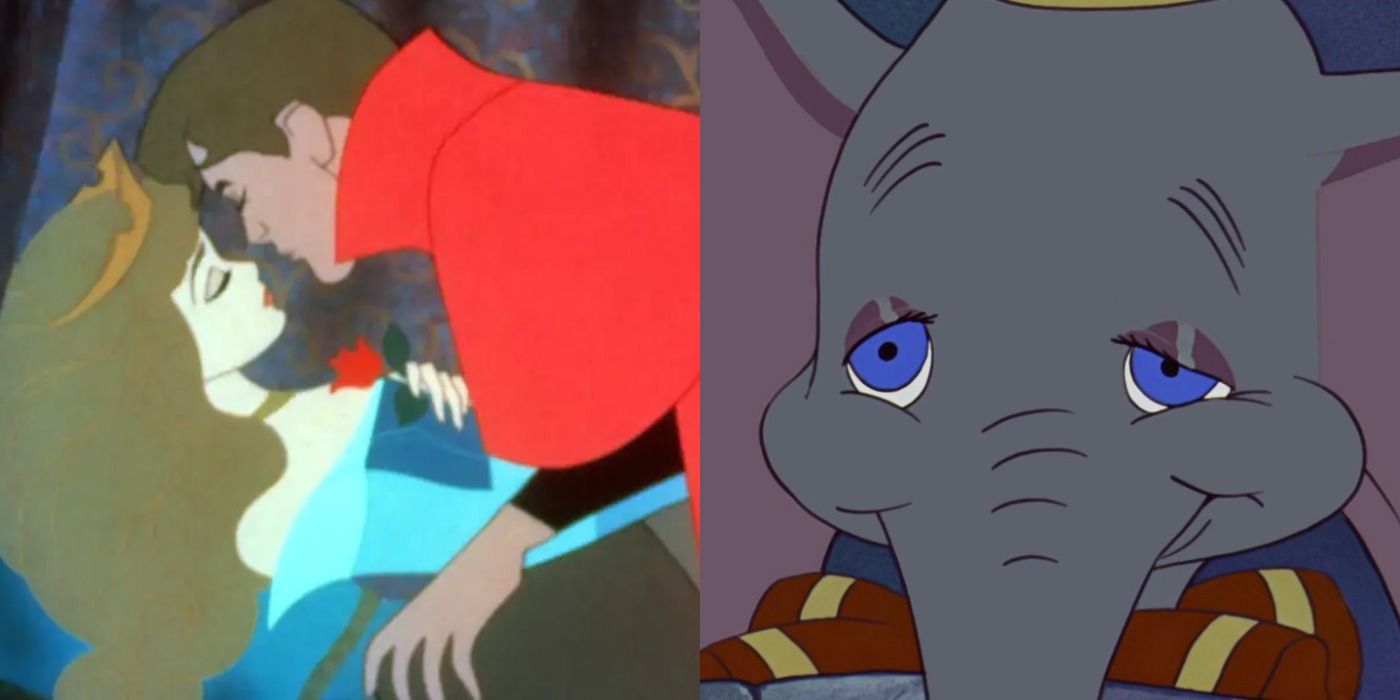 A split image of scenes from Disney movies, Snow White and Dumbo