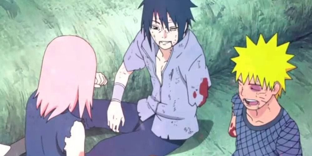 Sasuke, Naruto, and Sakura smile at each other - Naruto
