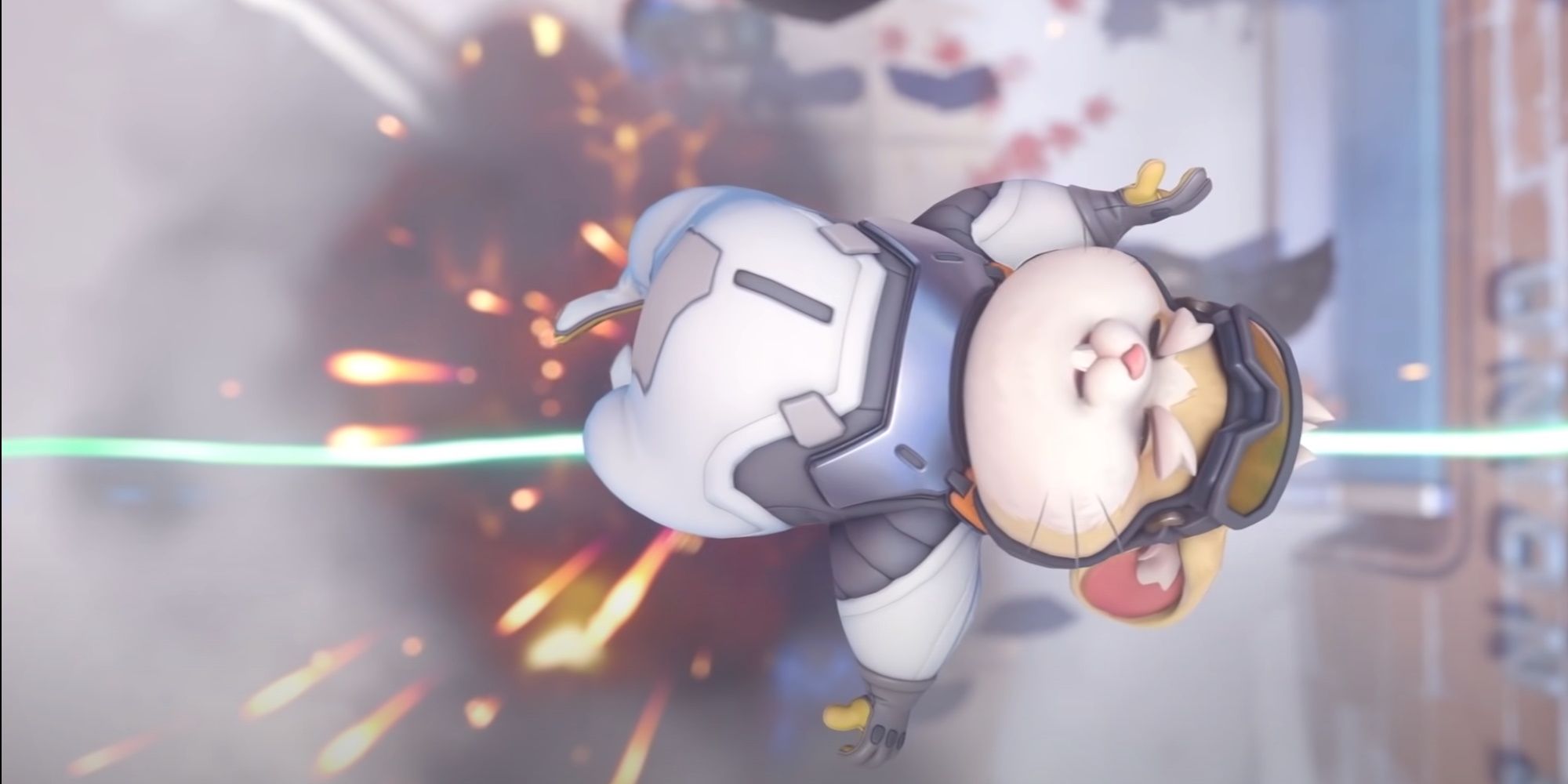 Overwatch character Wrecking Ball, or Hammond, is blown into the air
