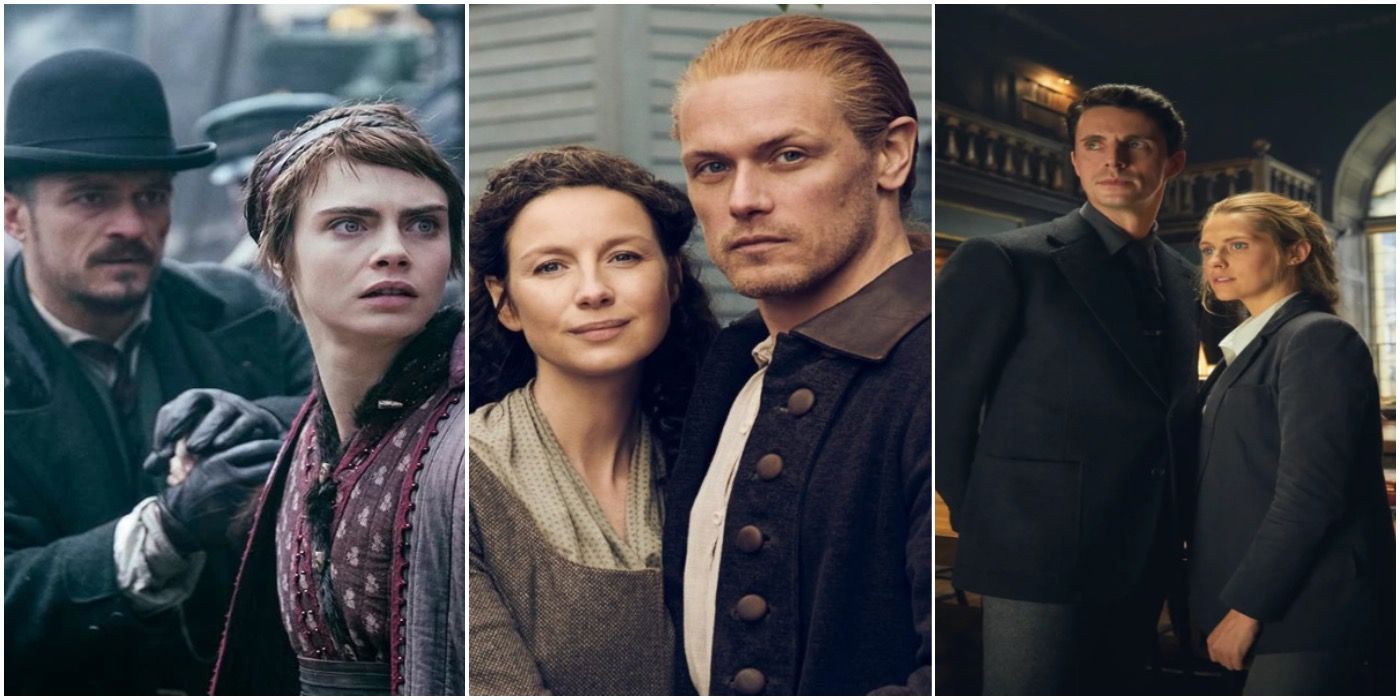 philo and vignette from Carnival Row, Jamie and Claire from Outlander, Matthew and Diana from A Discovery of Witches