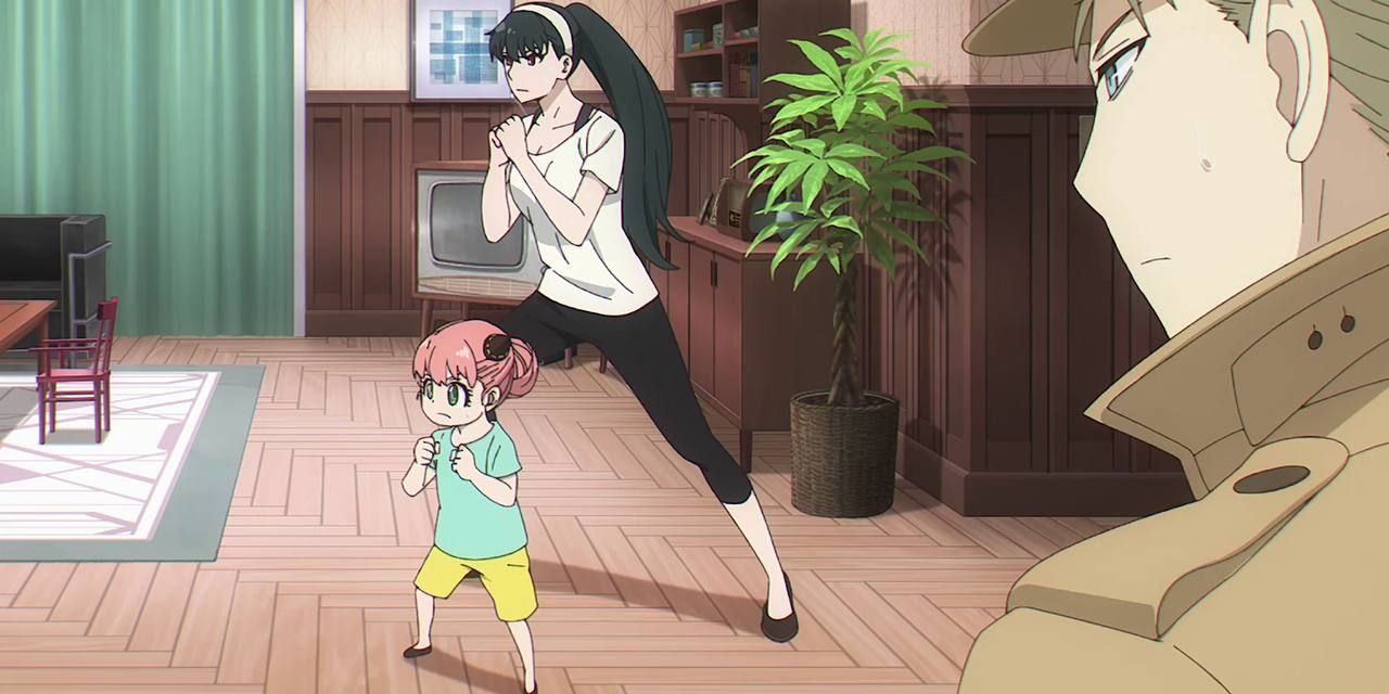 Anya practicing combat stances with Yor as Loid watches