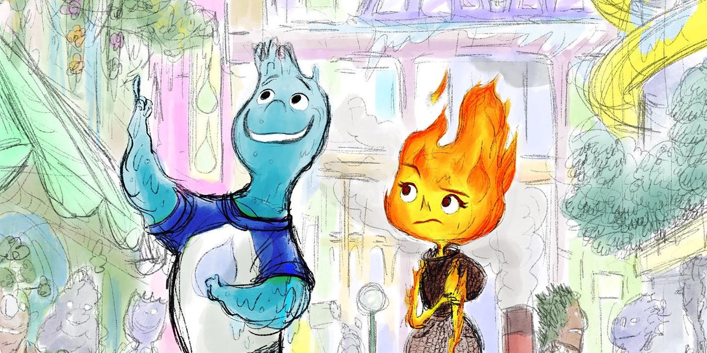 pixar elemental concept art showing water and fire being walking together