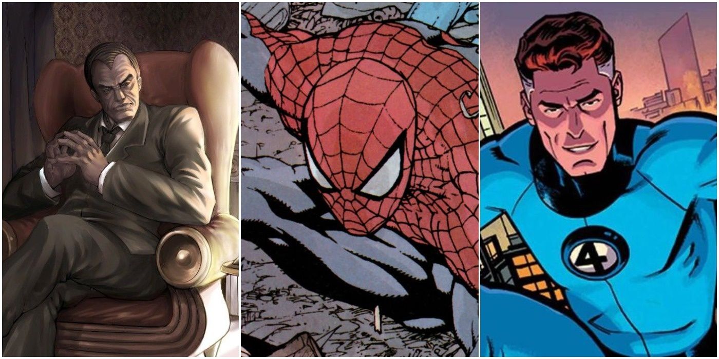 A split image of Norman Osborn, Spider-Man, and Reed Richards