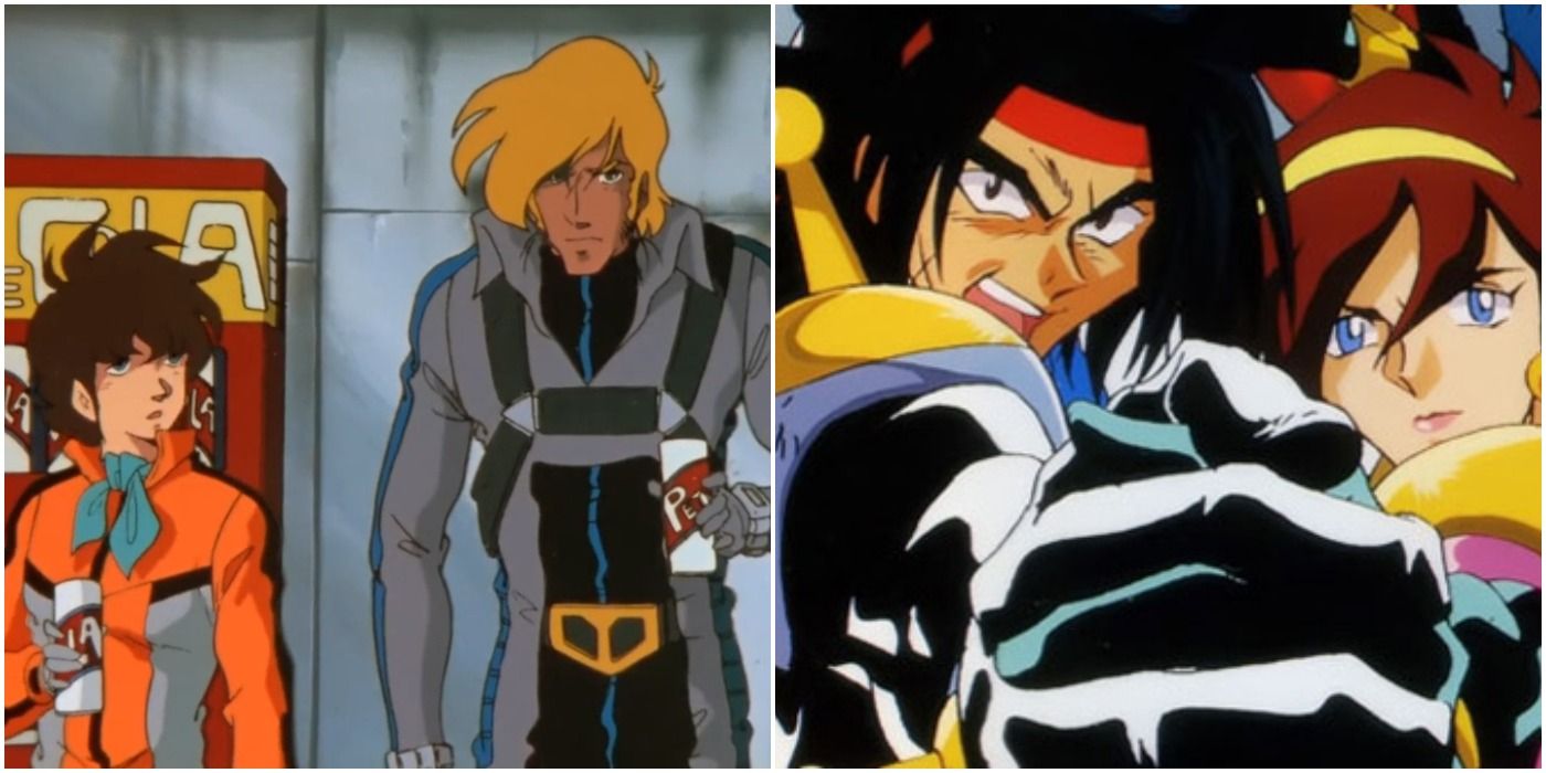 Featured image for an article about mecha anime fans should see at least once; split image of Macross and G Gundam.