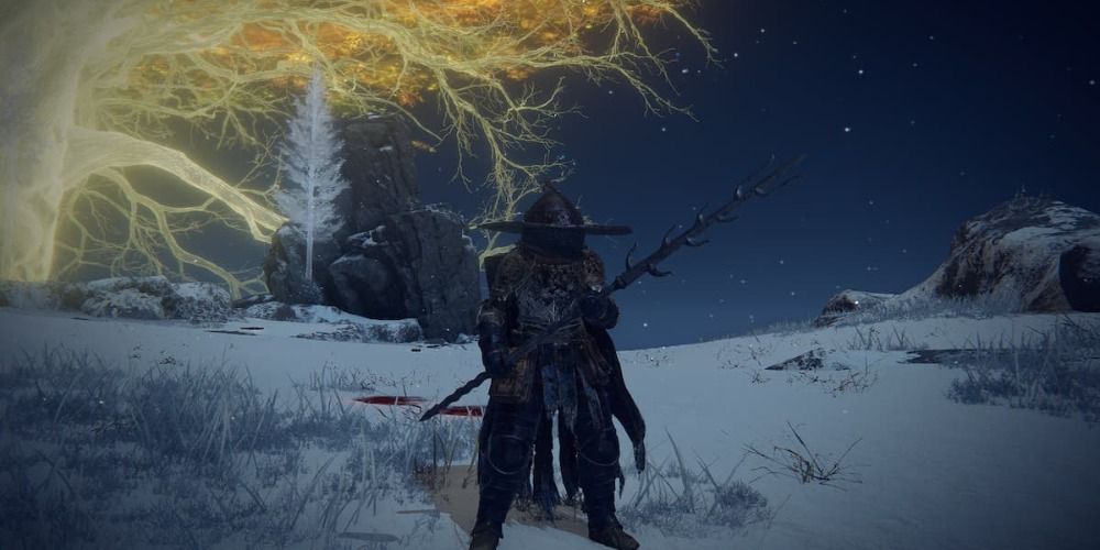 Tarnished wielding the Death Ritual Spear in Fromsoftware's Elden Ring