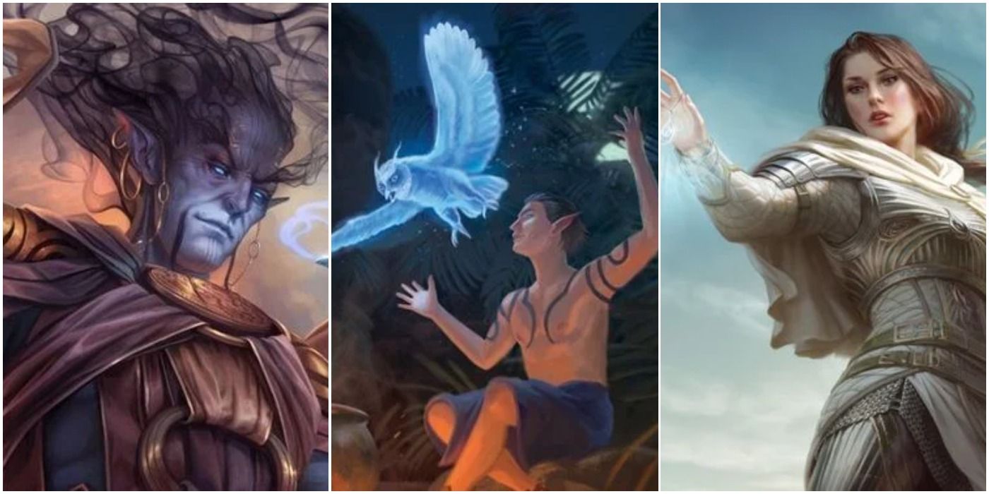 Three images of dnd characters, a djinni, a caster summoning a spectral owl, and a cleric casting a glowing spell