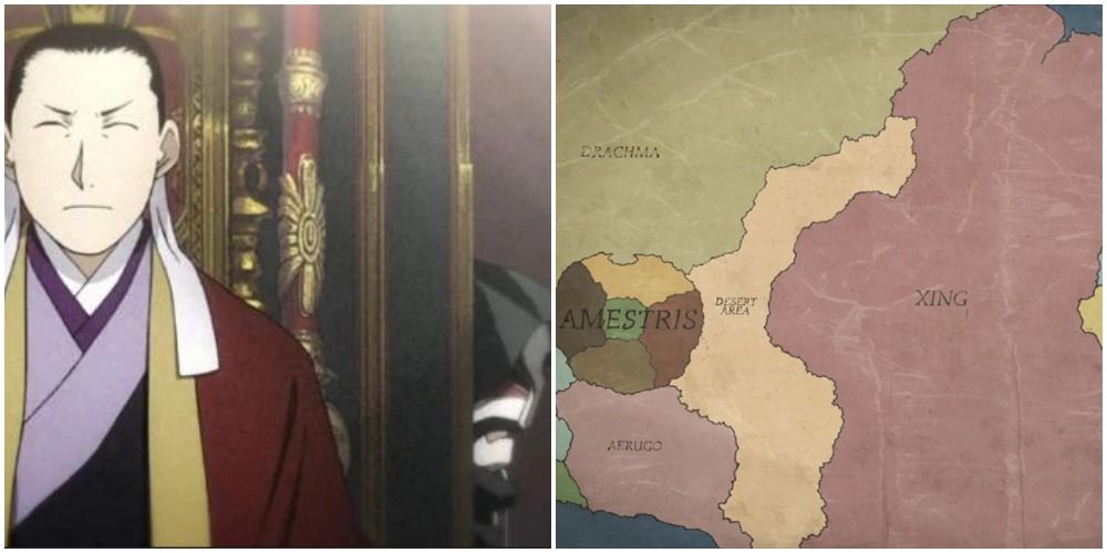 Lan Fan stands behind Ling on the throne, map of Xing and Amestris - FMAB