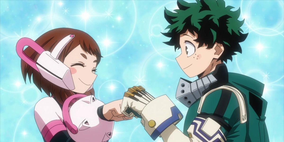 Midoriya and Uraraka bump fists together