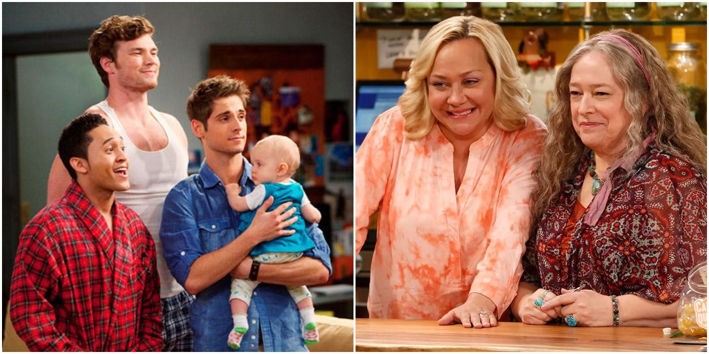 Ben holding baby Emma and standing with Tucker and Danny - Baby Daddy. Ruth and Maria behind the counter at the dispensary at Disjointed