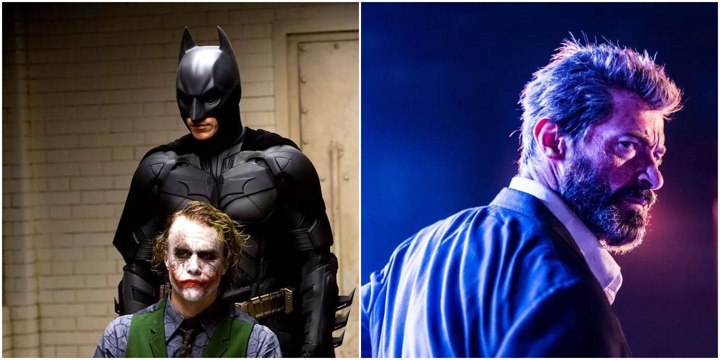 Promo images from The Dark Knight and Logan, featuring Batman, Joker and Logan