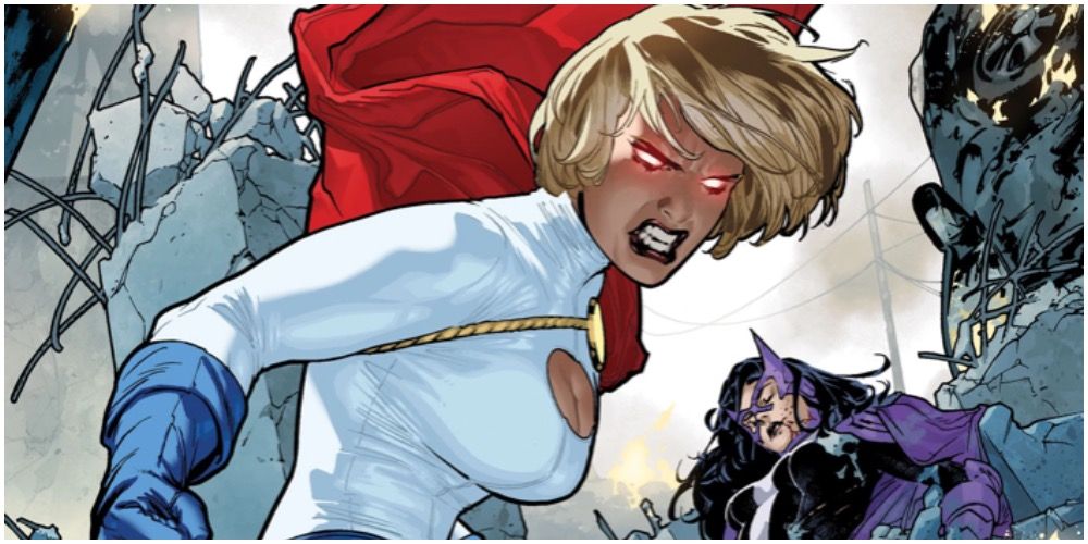 Power Girl glaring with red laser eyes in DC Comics