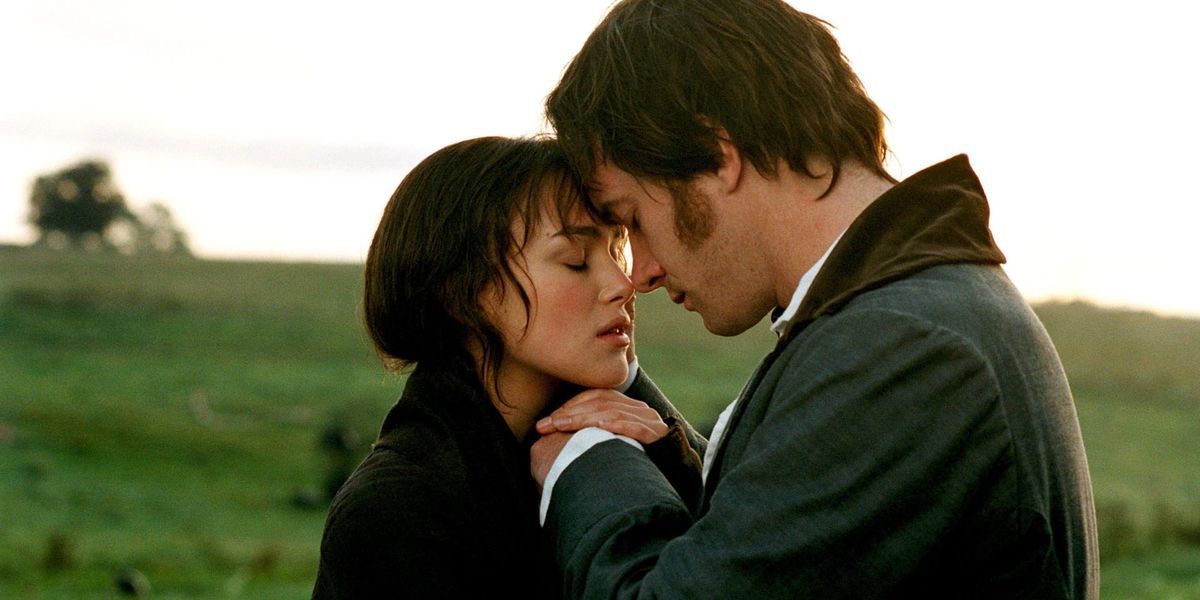 Elizabeth Bennet and Mr. Darcy share a romantic embrace in 2005's Pride & Prejudice