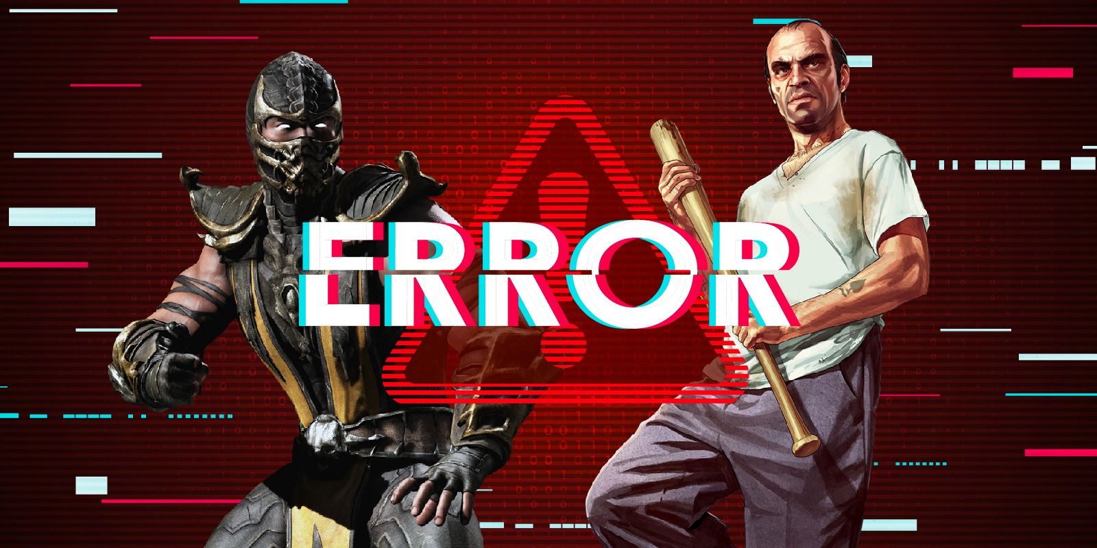Scorpion de Mortal Kombat et Trevor Phillips de GTA 5 posent devant un écran d'erreur informatique