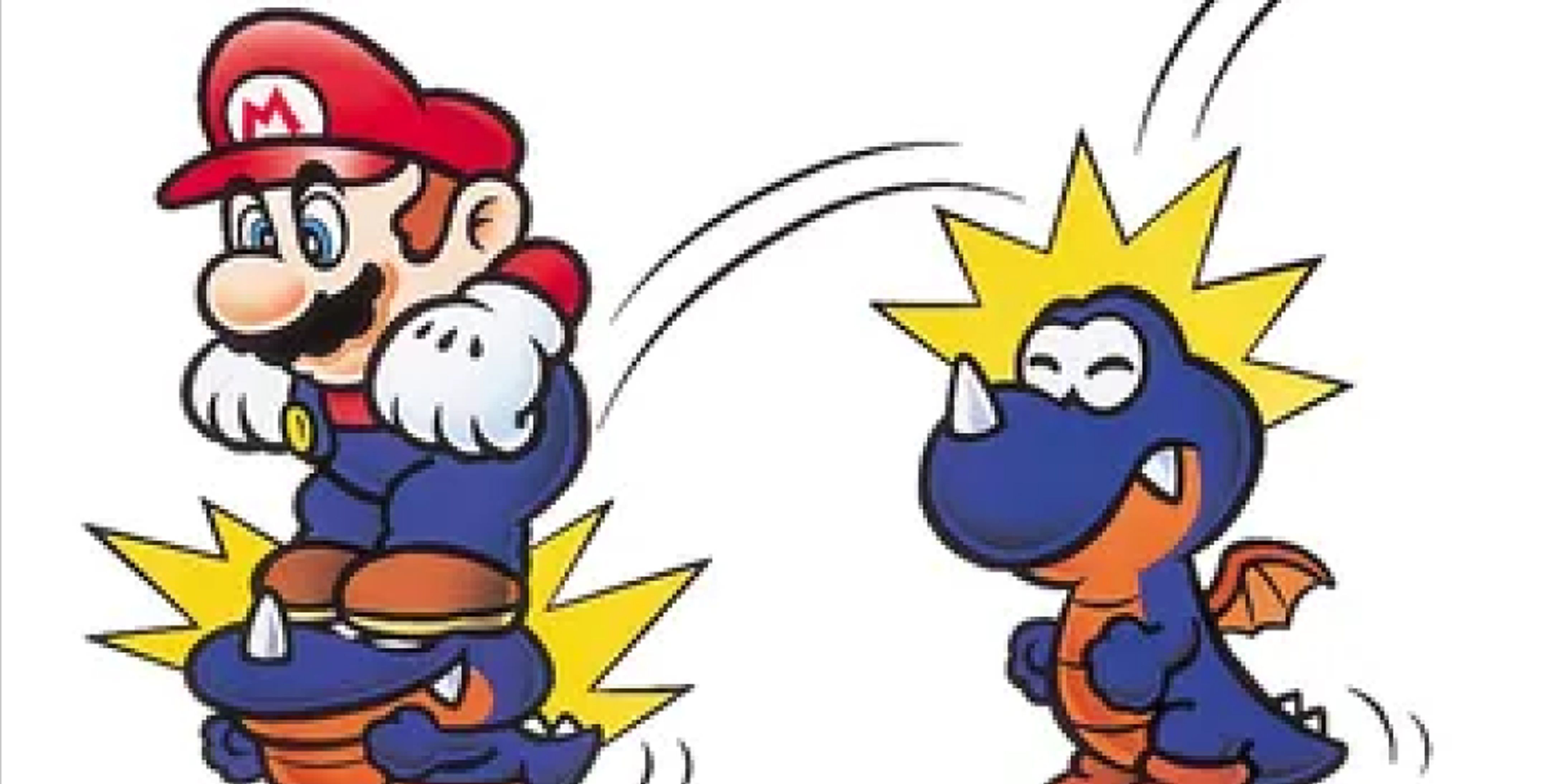 Mario jumps on Rex in Super Mario World