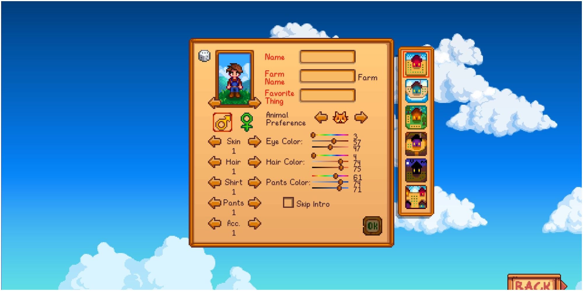 A tela de personalização de personagens de Stardew Valley