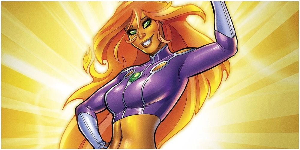 Starfire from Teen Titans gives a friendly smile and waves.