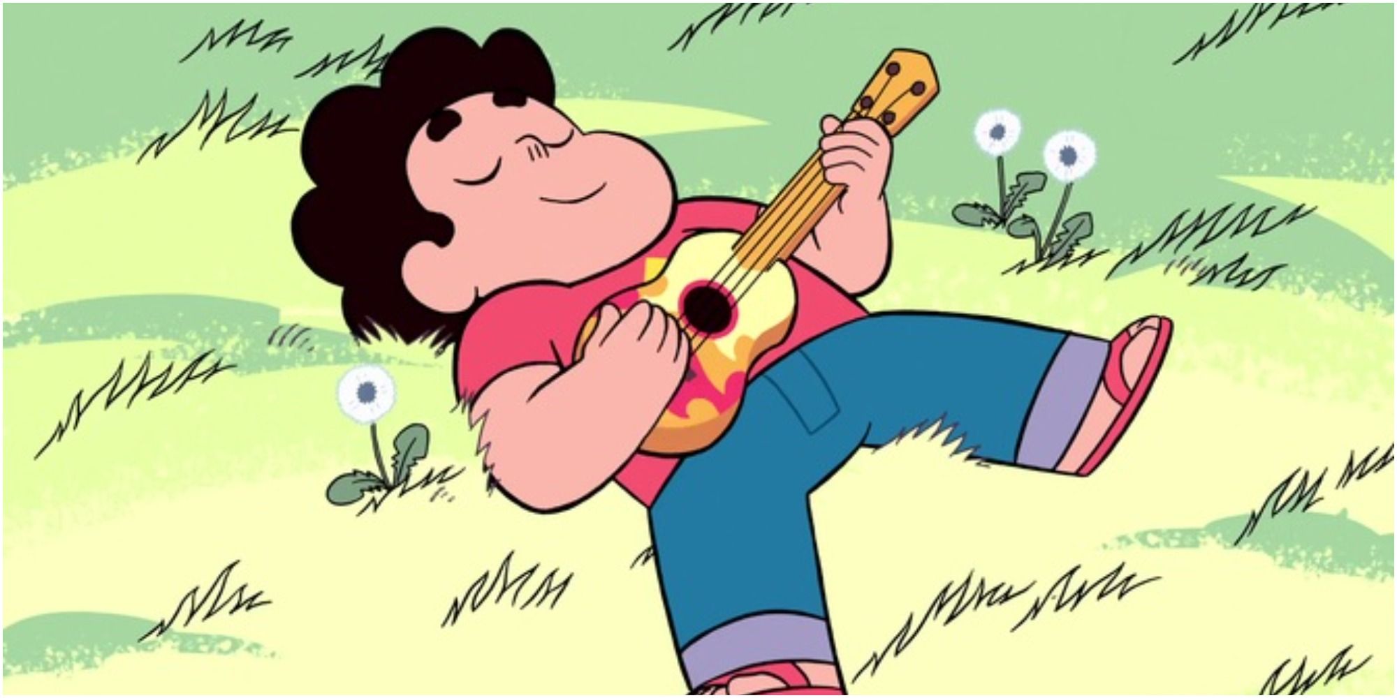 Steven Universe laying in a meadow playing his ukulele.