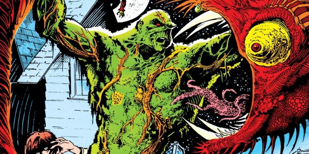 Swamp Thing fighting a giant monster in one of Steve Bissette's covers from DC Comics
