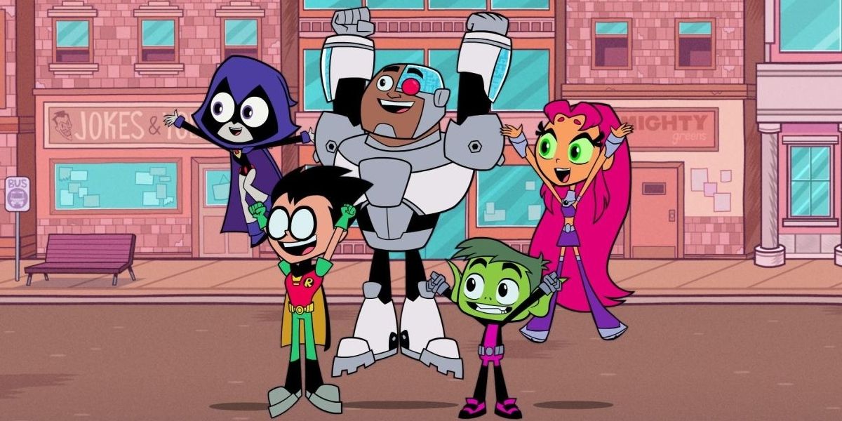 Teen Titans Go! characters cheering in the street