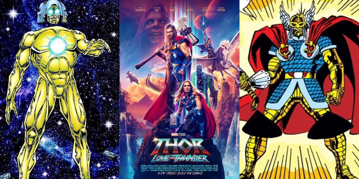the living tribunal, thor love and thunder poster, thor in the battle armor from walt simonson's run