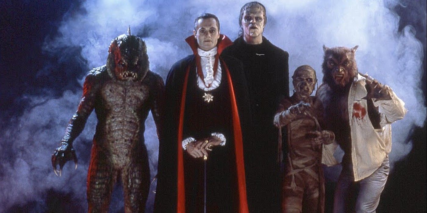 The Monster Squad characters: dracula, frankenstein, wolfman, and a mummy