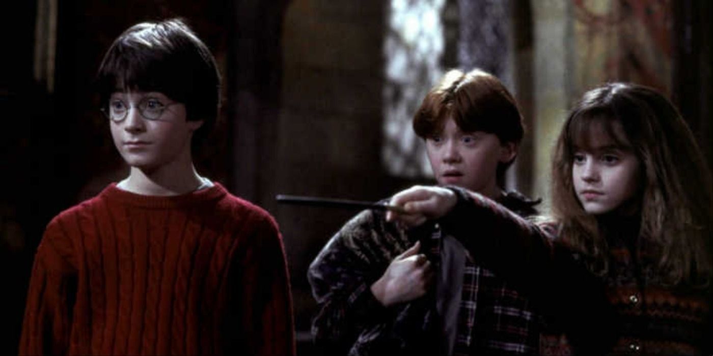Harry, Ron and Hermione in their first year in the Harry Potter franchise