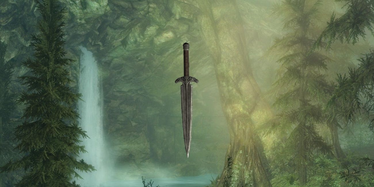 Steel dagger overlaid over Moss Mother Cavern, Skyrim