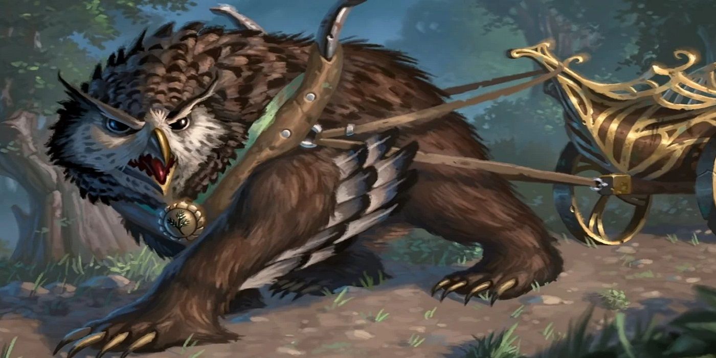 An Owlbear pulling a cart through the forest in D&D